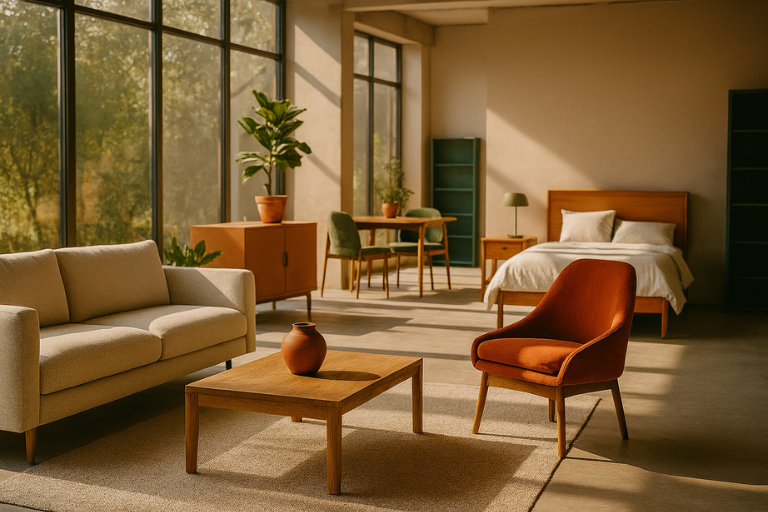 Bild eines modern eingerichteten, lichtdurchflutetem Studio-Apartment mit einem beigen Sofa, einem orangefarbenen Sessel und einem Holzbett im Hintergrund.